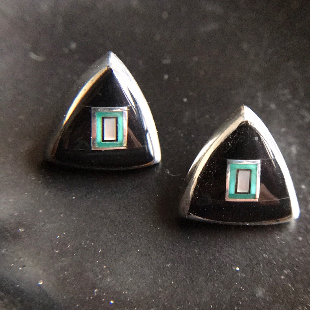Sterling Navajo earrings onyx, turquoise, MOP